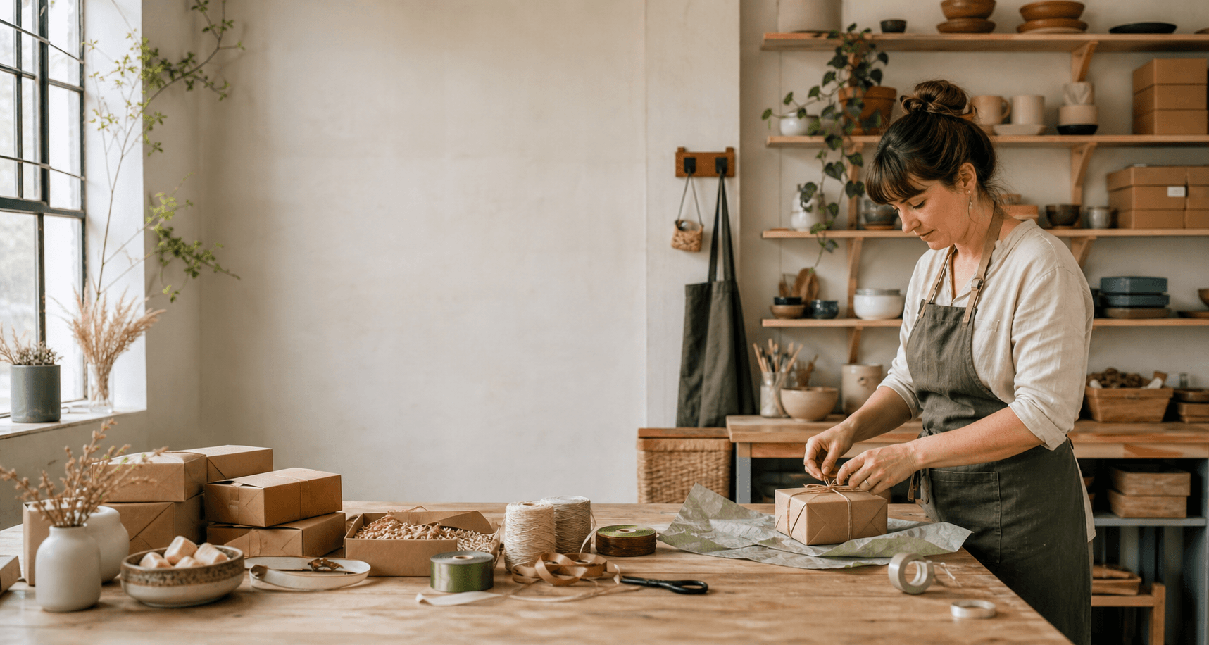 Independent maker wrapping an order at a well-stocked packing table in her naturally lit workshop