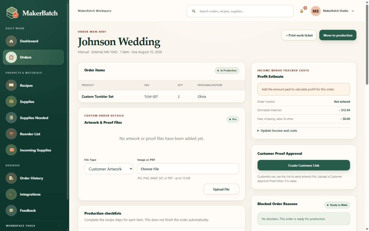 MakerBatch order workspace showing profit, artwork, customer proof approval, and production details